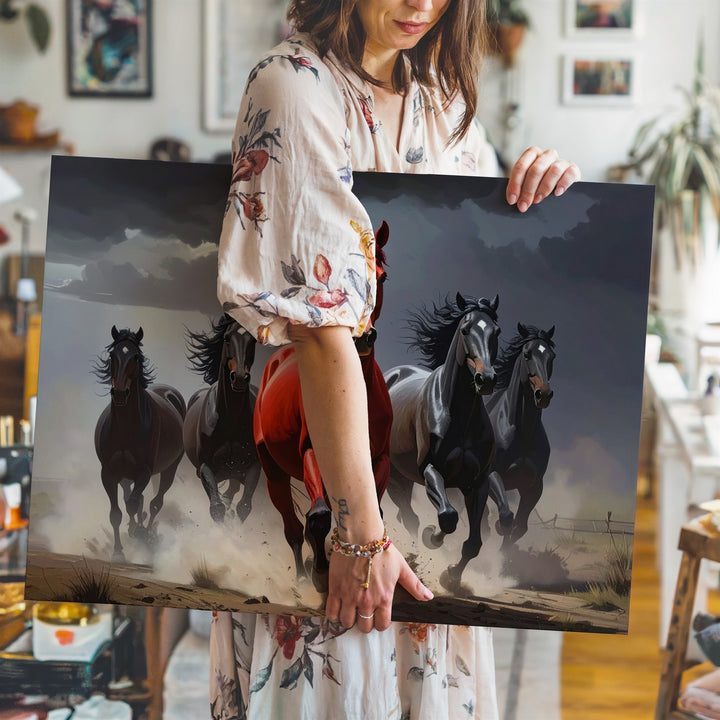 Cinematic Galloping Horses Canvas – Dramatic Red Horse in Mist - Gifitto