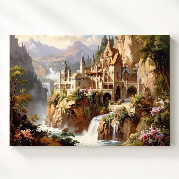 Elven Castle in Mist Canvas – Majestic Fantasy Waterfall Landscape Wall Art - Gifitto