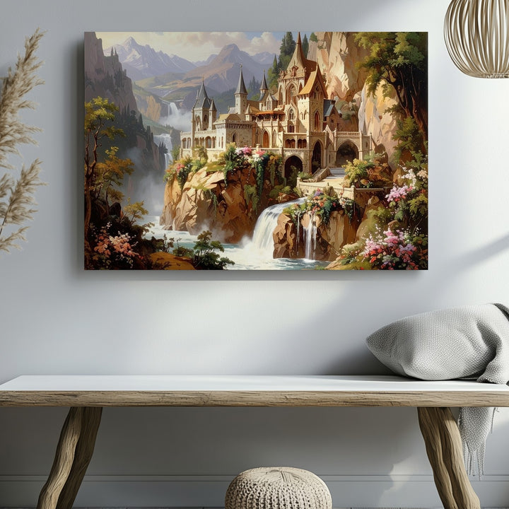 Elven Castle in Mist Canvas – Majestic Fantasy Waterfall Landscape Wall Art - Gifitto