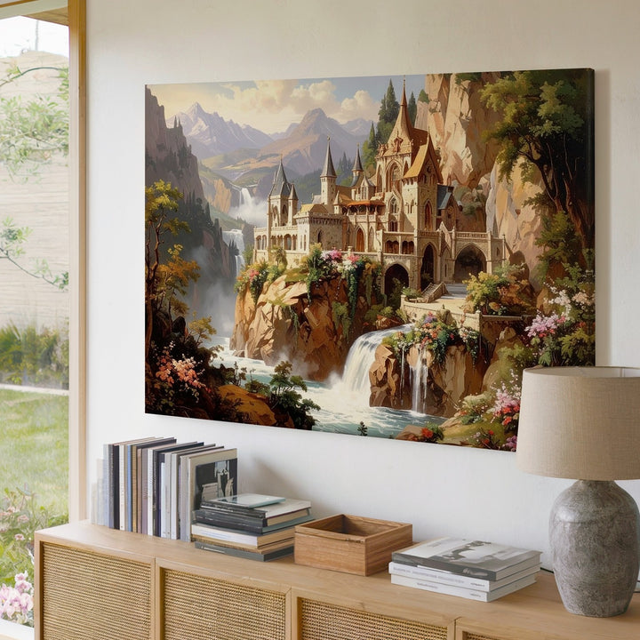 Elven Castle in Mist Canvas – Majestic Fantasy Waterfall Landscape Wall Art - Gifitto