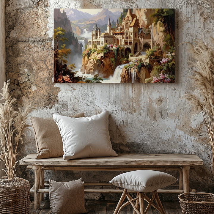 Elven Castle in Mist Canvas – Majestic Fantasy Waterfall Landscape Wall Art - Gifitto