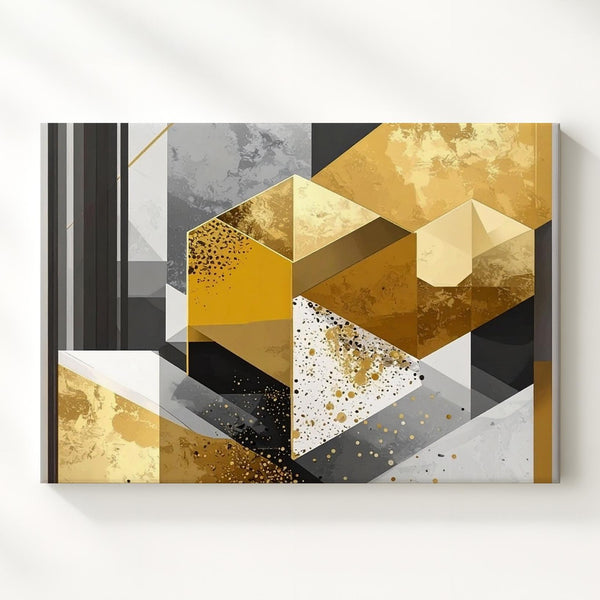 Geometric Harmony Canvas – Abstract Art with Gold, Black, Gray, and Textured Layers - Gifitto