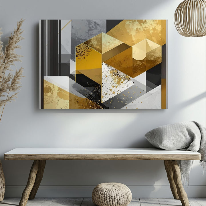 Geometric Harmony Canvas – Abstract Art with Gold, Black, Gray, and Textured Layers - Gifitto