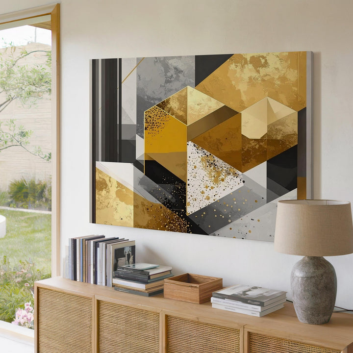 Geometric Harmony Canvas – Abstract Art with Gold, Black, Gray, and Textured Layers - Gifitto
