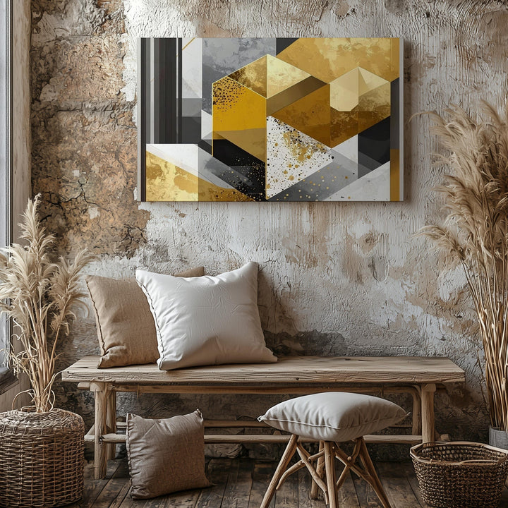 Geometric Harmony Canvas – Abstract Art with Gold, Black, Gray, and Textured Layers - Gifitto