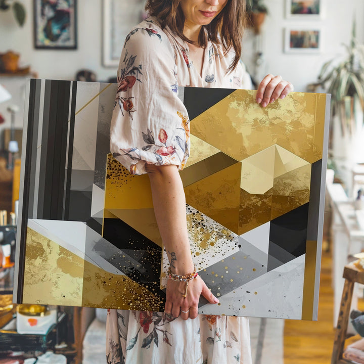 Geometric Harmony Canvas – Abstract Art with Gold, Black, Gray, and Textured Layers - Gifitto