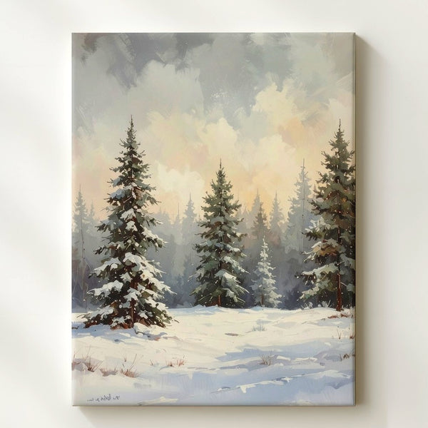 Snow-Covered Evergreens Canvas – Vintage Winter Serenity Wall Art