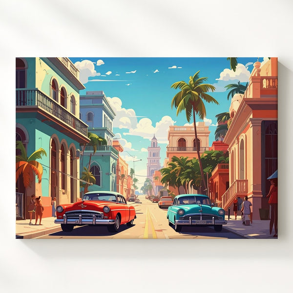 Vibrant Havana Street Scene Canvas – Colorful Vintage Cars & Colonial Charm - Gifitto