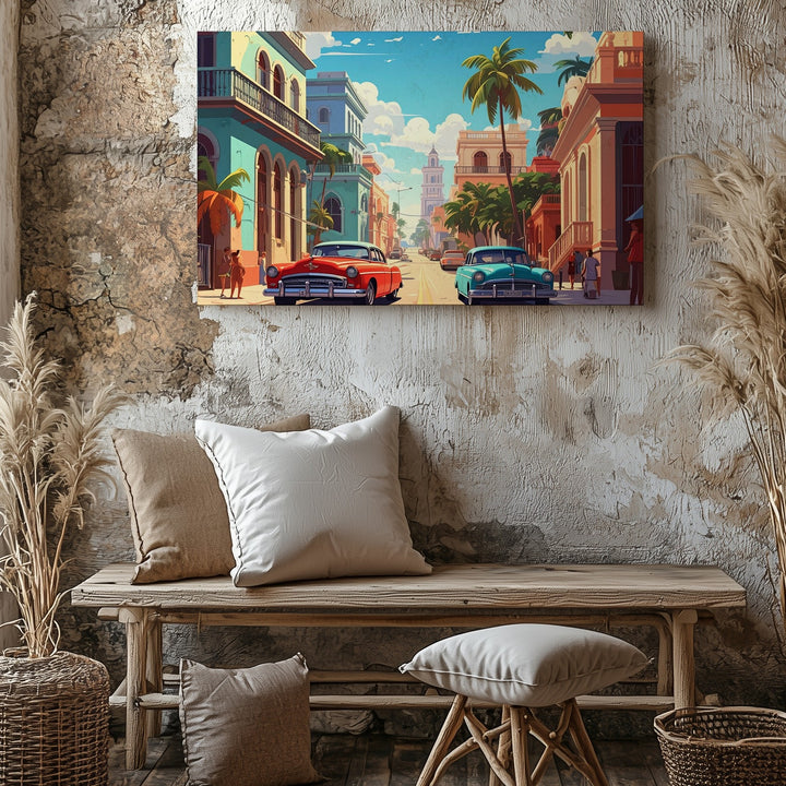 Vibrant Havana Street Scene Canvas – Colorful Vintage Cars & Colonial Charm - Gifitto