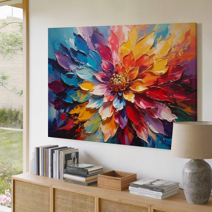 Vibrant Dahlia Explosion Canvas – Abstract Floral Impasto Wall Art - Gifitto