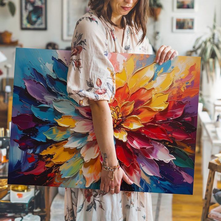Vibrant Dahlia Explosion Canvas – Abstract Floral Impasto Wall Art - Gifitto