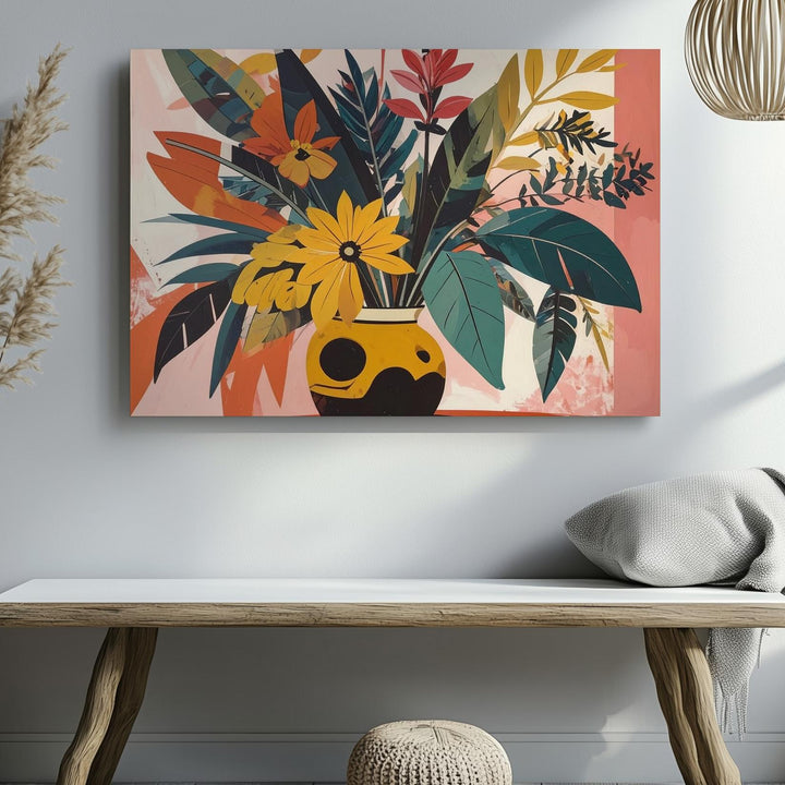 Bold Botanical Vase Canvas – Mid-Century Modern Floral Art Print - Gifitto