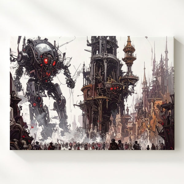 Steampunk Mech Battle Canvas – Post-Apocalyptic Industrial War Wall Art - Gifitto
