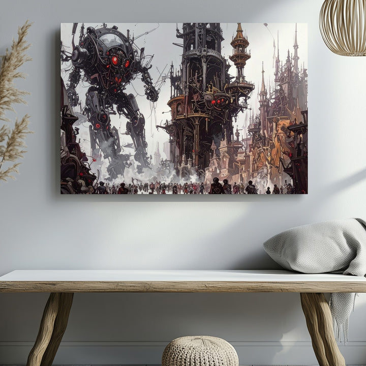 Steampunk Mech Battle Canvas – Post-Apocalyptic Industrial War Wall Art - Gifitto