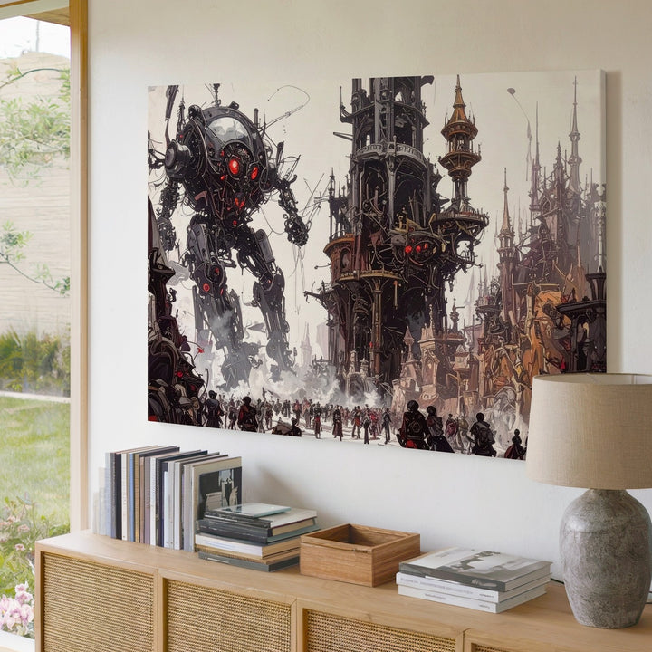 Steampunk Mech Battle Canvas – Post-Apocalyptic Industrial War Wall Art - Gifitto