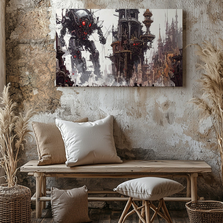 Steampunk Mech Battle Canvas – Post-Apocalyptic Industrial War Wall Art - Gifitto