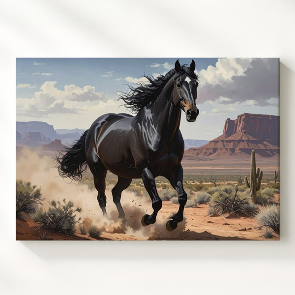 Western Galloping Black Horse Canvas – Desert Landscape Equestrian Art - Gifitto