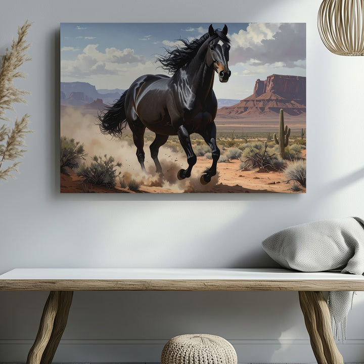 Western Galloping Black Horse Canvas – Desert Landscape Equestrian Art - Gifitto