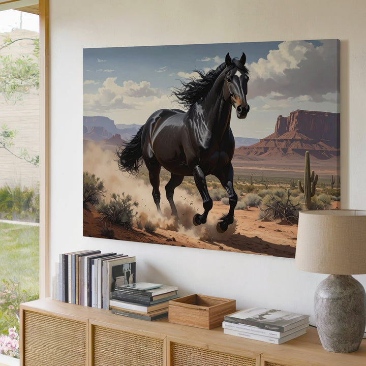 Western Galloping Black Horse Canvas – Desert Landscape Equestrian Art - Gifitto