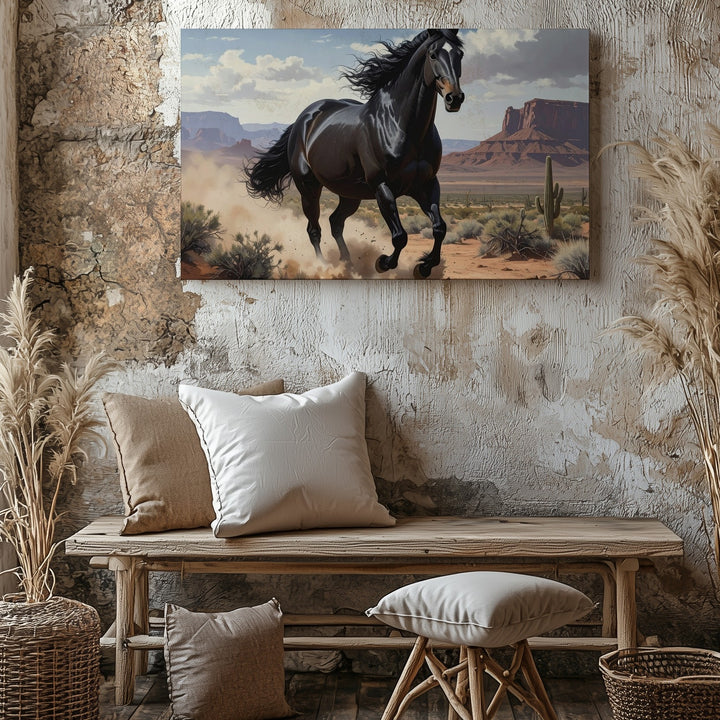 Western Galloping Black Horse Canvas – Desert Landscape Equestrian Art - Gifitto