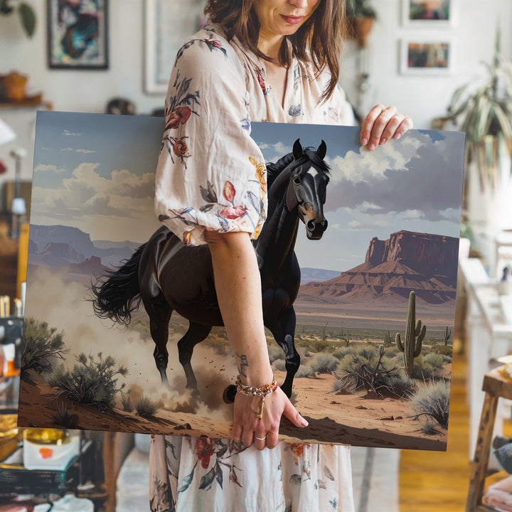 Western Galloping Black Horse Canvas – Desert Landscape Equestrian Art - Gifitto