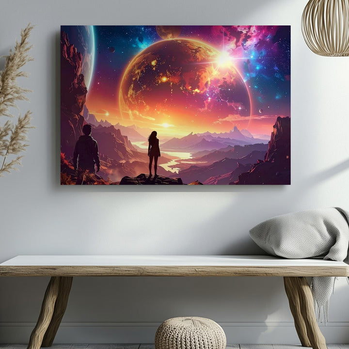 Lone Voyager Canvas – Alien Sky Exploration Wall Art with Glowing Planets - Gifitto
