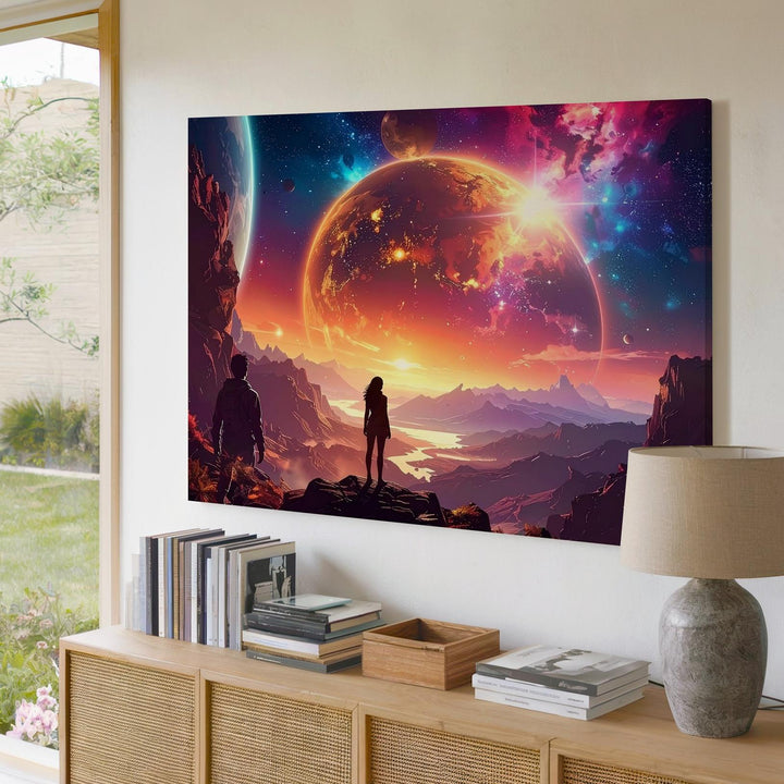 Lone Voyager Canvas – Alien Sky Exploration Wall Art with Glowing Planets - Gifitto