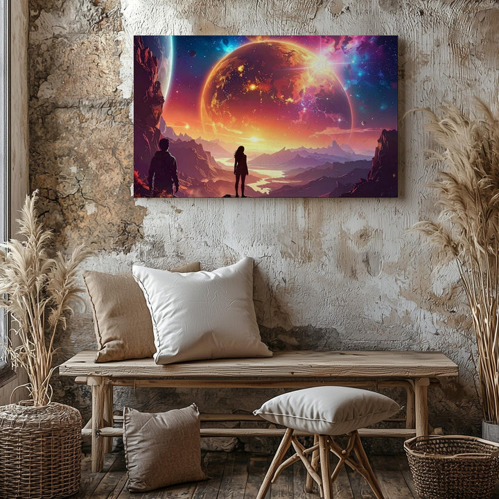 Lone Voyager Canvas – Alien Sky Exploration Wall Art with Glowing Planets - Gifitto