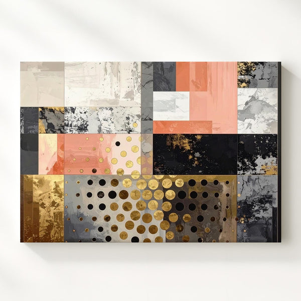 Retro-Futuristic Collage Canvas – Abstract Art with Salmon, Gold, and Textured Layers - Gifitto