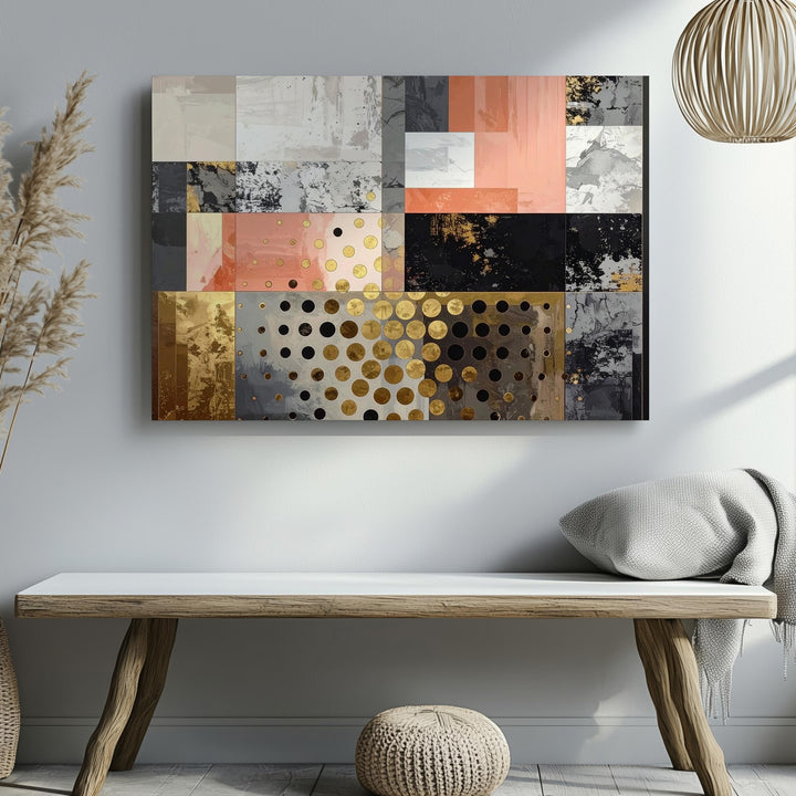 Retro-Futuristic Collage Canvas – Abstract Art with Salmon, Gold, and Textured Layers - Gifitto
