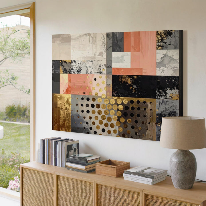 Retro-Futuristic Collage Canvas – Abstract Art with Salmon, Gold, and Textured Layers - Gifitto
