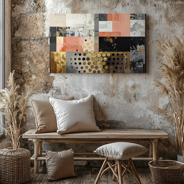Retro-Futuristic Collage Canvas – Abstract Art with Salmon, Gold, and Textured Layers - Gifitto