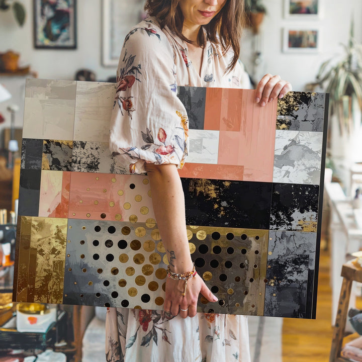 Retro-Futuristic Collage Canvas – Abstract Art with Salmon, Gold, and Textured Layers - Gifitto