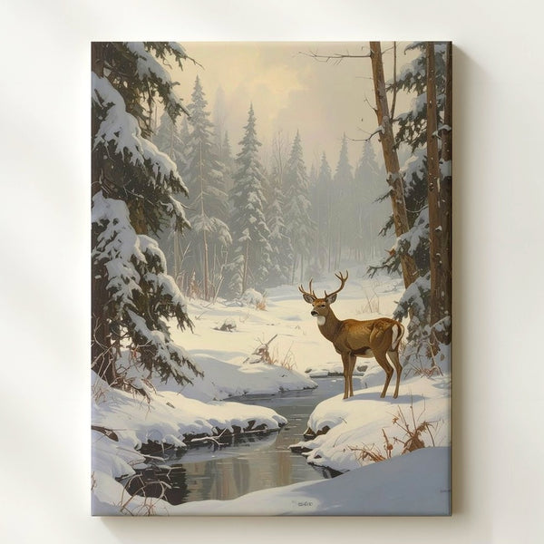 Winter Deer by Frozen Stream Canvas – Serene Wilderness Wall Art