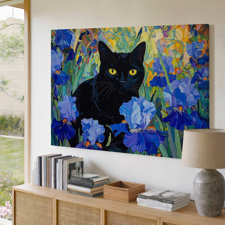 Black Cat in Van Gogh Garden Canvas – Post-Impressionist Feline Art - Gifitto