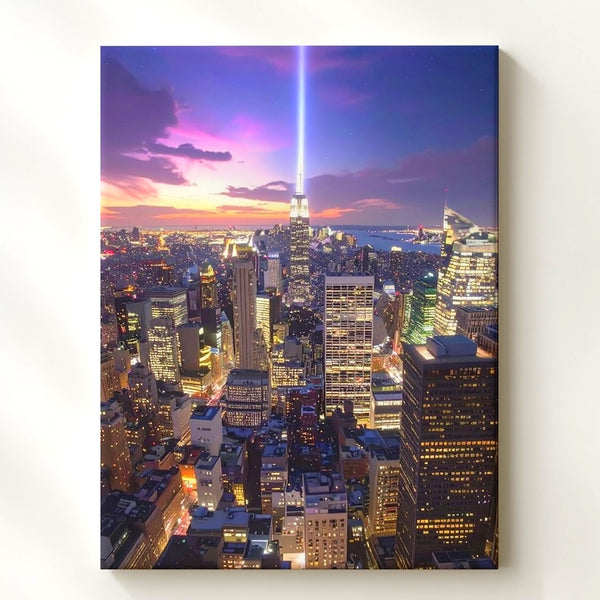 Celestial Empire Canvas – Mystical Nighttime NYC Skyline with Radiant Beam - Gifitto