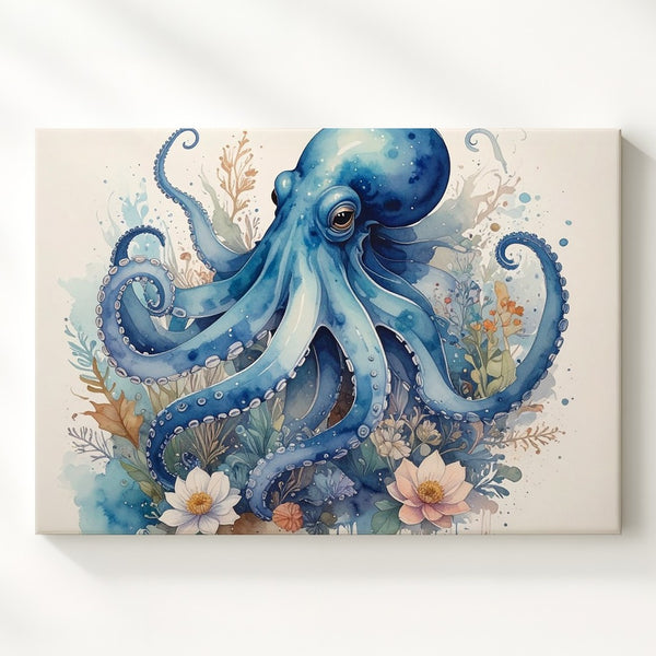 Indigo Octopus & Lotus Canvas – Watercolor Botanical Marine Art