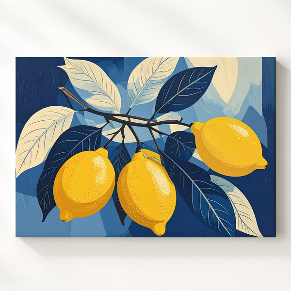 Modern Lemon Trio Canvas – Bold Graphic Yellow Lemons with Blue Leaves - Gifitto