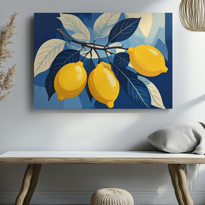 Modern Lemon Trio Canvas – Bold Graphic Yellow Lemons with Blue Leaves - Gifitto