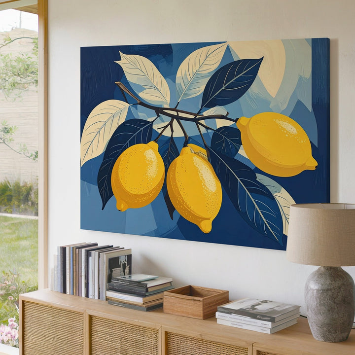Modern Lemon Trio Canvas – Bold Graphic Yellow Lemons with Blue Leaves - Gifitto