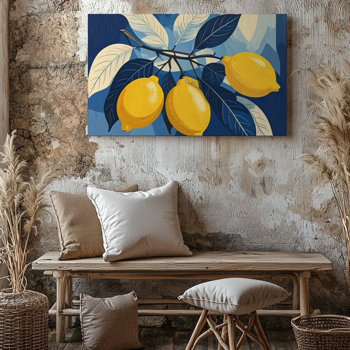 Modern Lemon Trio Canvas – Bold Graphic Yellow Lemons with Blue Leaves - Gifitto