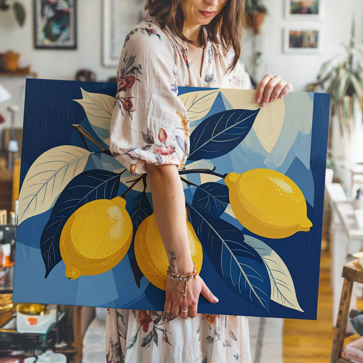 Modern Lemon Trio Canvas – Bold Graphic Yellow Lemons with Blue Leaves - Gifitto