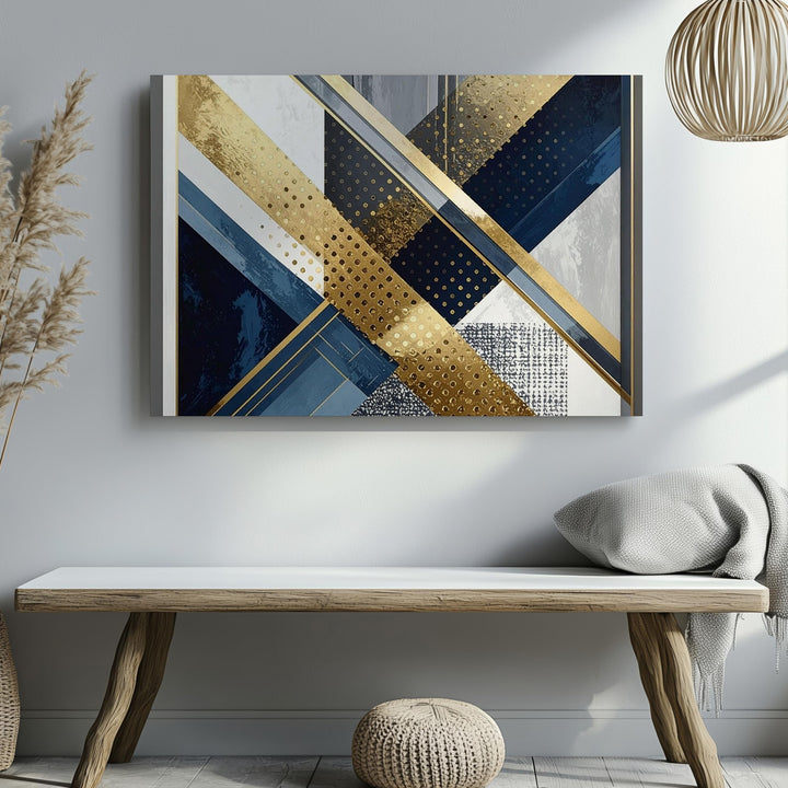Architectural Geometric Canvas – Bold Linear Abstract Art with Blue, Gold, and Black - Gifitto