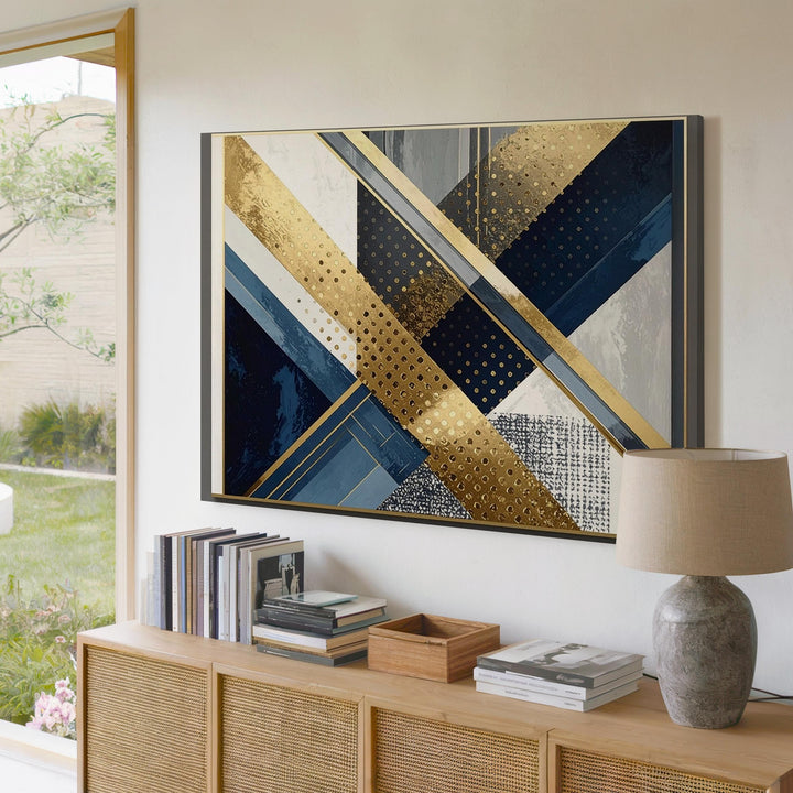 Architectural Geometric Canvas – Bold Linear Abstract Art with Blue, Gold, and Black - Gifitto