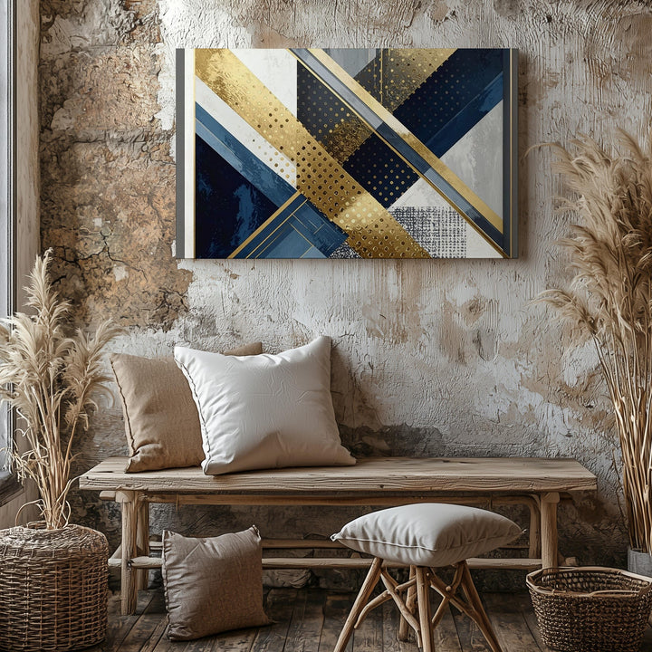 Architectural Geometric Canvas – Bold Linear Abstract Art with Blue, Gold, and Black - Gifitto