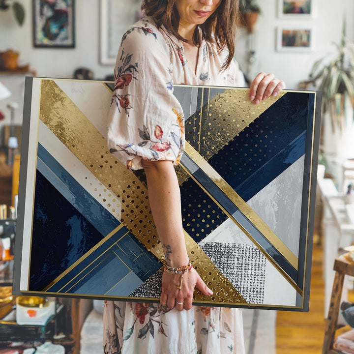 Architectural Geometric Canvas – Bold Linear Abstract Art with Blue, Gold, and Black - Gifitto