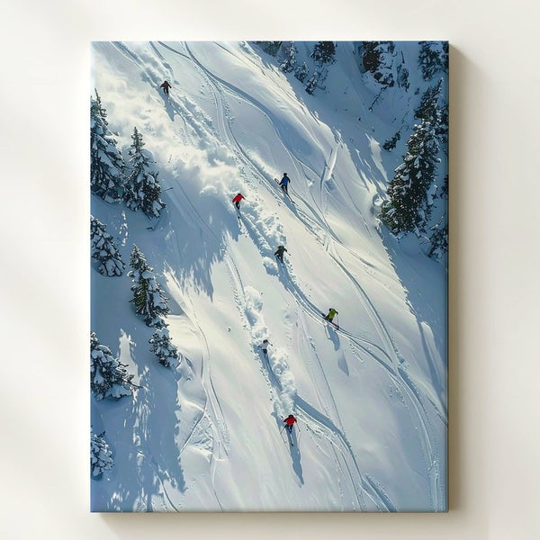 Alpine Skiers Aerial Canvas – Dynamic Winter Sports Illustration - Gifitto