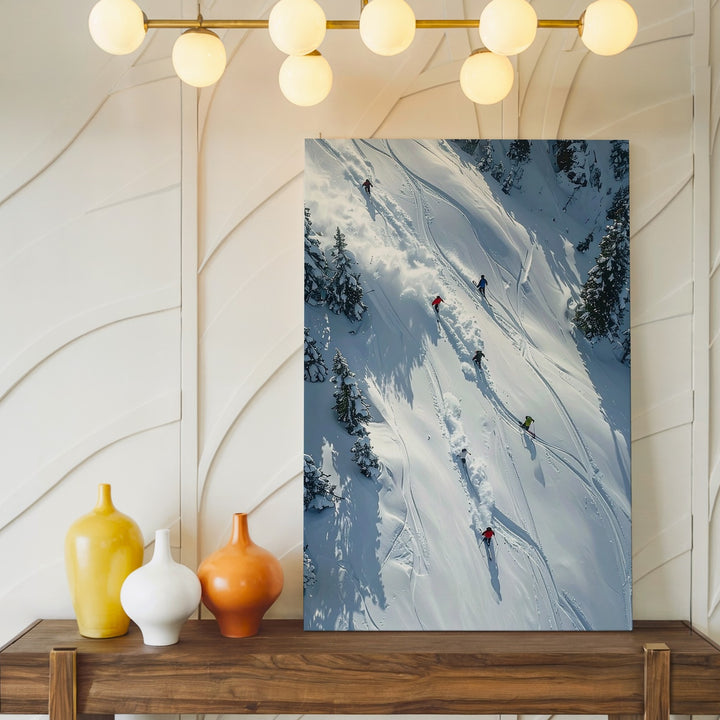 Alpine Skiers Aerial Canvas – Dynamic Winter Sports Illustration - Gifitto