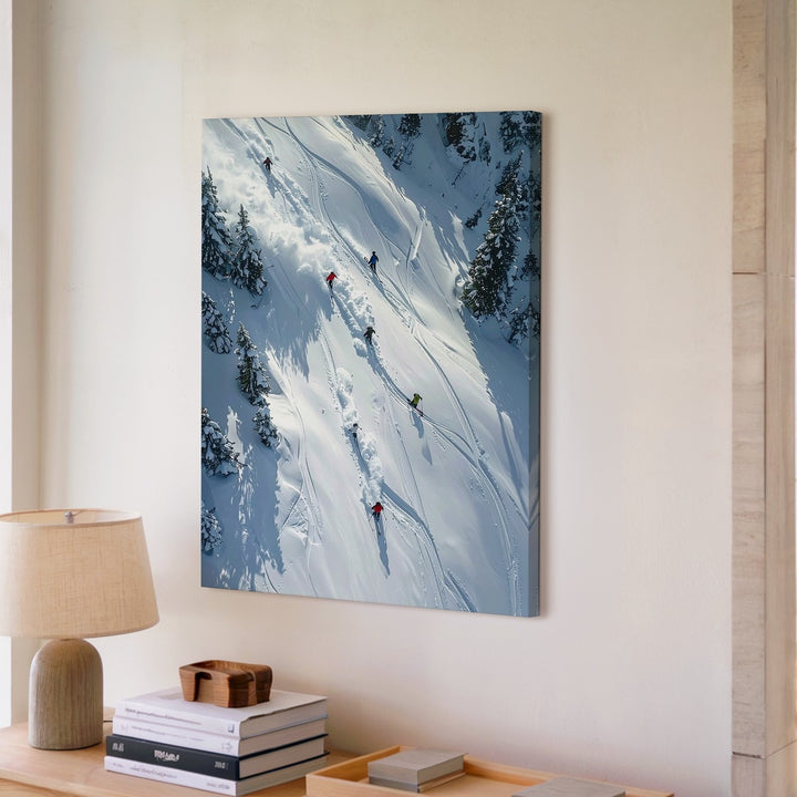 Alpine Skiers Aerial Canvas – Dynamic Winter Sports Illustration - Gifitto