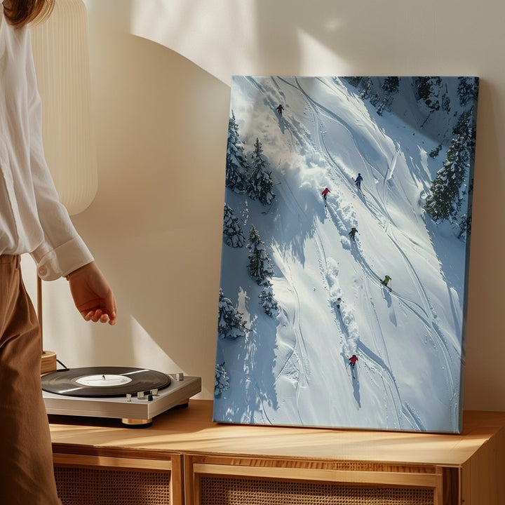 Alpine Skiers Aerial Canvas – Dynamic Winter Sports Illustration - Gifitto